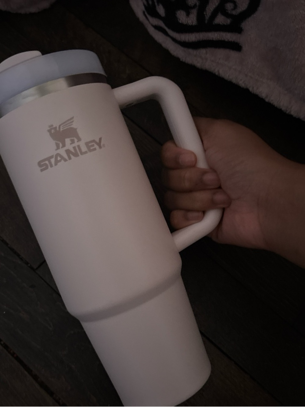 Stanley White Travel Tumbler with Handle and Silver Accents